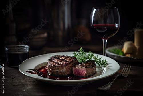 beef steak on the dish with red wine