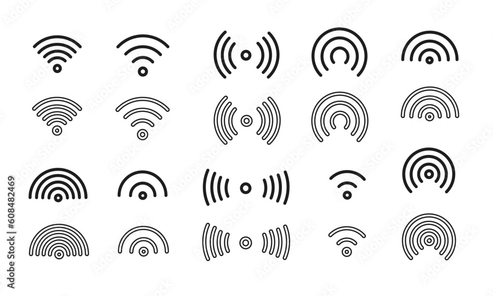 ワイヤレスインターネットサインのイラストセット/ワイファイ/無線通信/無線回線/電波/ベクター/アイコン/マーク/要素/モノクロ ワイヤレスインターネットサインのイラストセット/ワイファイ/無線通信/無線回線/電波/ベクター/アイコン/マーク/要素/モノクロ