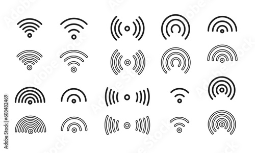 ワイヤレスインターネットサインのイラストセット/ワイファイ/無線通信/無線回線/電波/ベクター/アイコン/マーク/要素/モノクロ photo