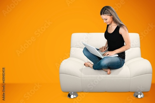 Photo of young happy businesswoman use laptop