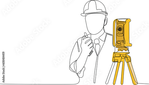Close up of Caucasian worker with helmet on head using tablet for work while standing in warehouse. Surveyor with a tripod icon. Geodesic tripod. Vector illustration