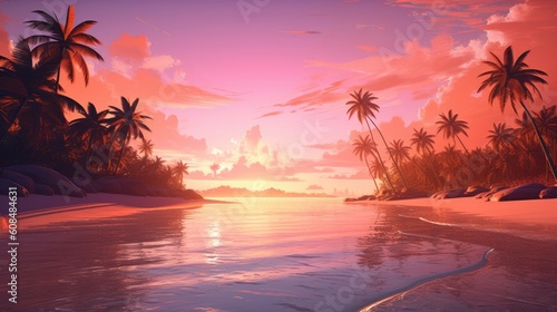 A tropical beach scene at sunset.