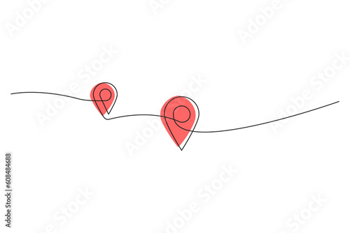 Continuous one line drawing of path and Location pointers. two points in thin Linear style. Gps navigation and Travel concept. Vector illustration.