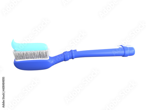 Blue toothbrush and toothpaste looking sideways isolated on a transparent background and ready for edit