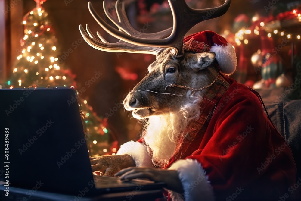 Naklejka premium Workplace of Santa Claus. Cheerful Santa is reading letters from children while sitting at the table