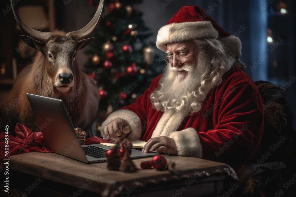 Workplace of Santa Claus. Cheerful Santa is reading letters from children while sitting at the table