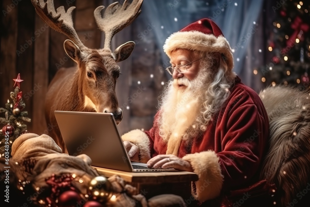 Workplace of Santa Claus. Cheerful Santa is reading letters from children while sitting at the table