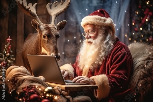 Workplace of Santa Claus. Cheerful Santa is reading letters from children while sitting at the table