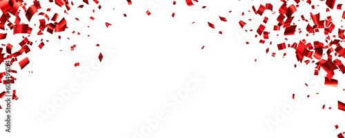 Falling red cut out foil ribbon confetti background with space for text.