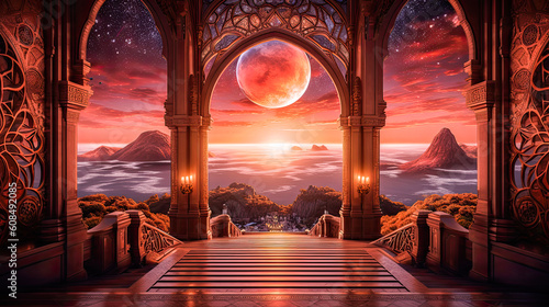 Photo A grand entry way leading to a moonlit sky