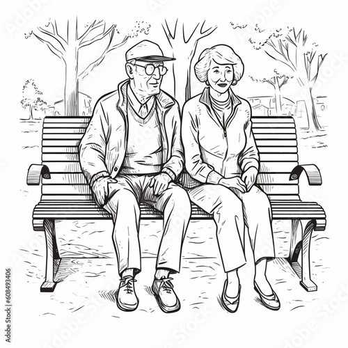 Elderly couple sitting park bench doodle style vector illustration