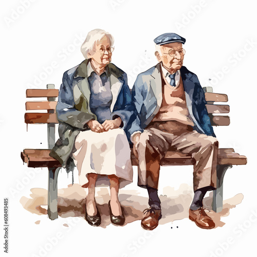 Elderly couple sitting park bench watercolor vect vector illustration