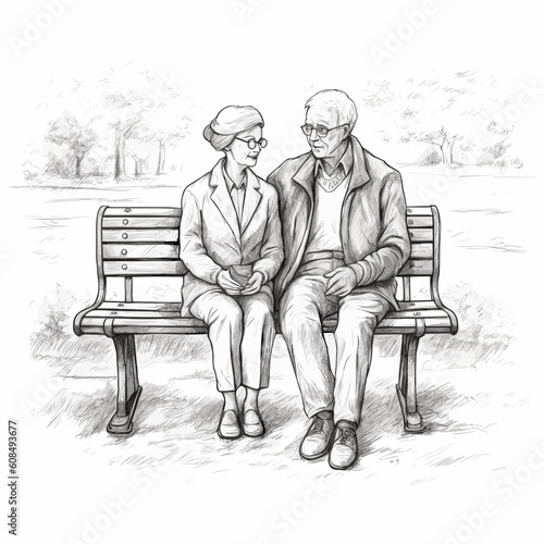 Elderly couple sitting park bench sketch vector illustration