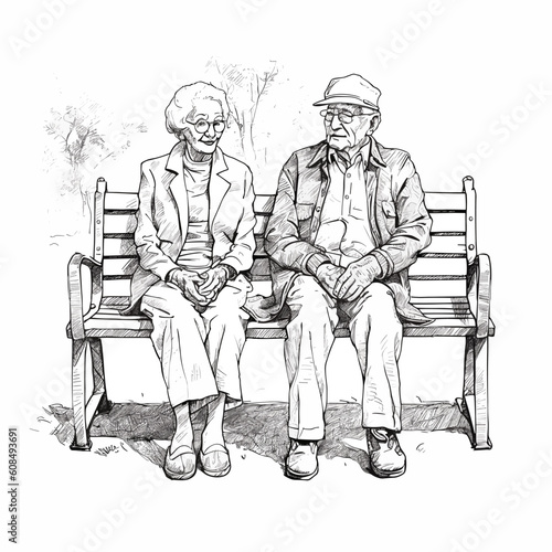 Elderly couple sitting park bench sketch vector illustration