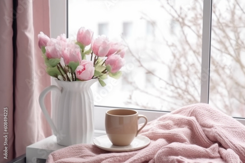 Spring still. Cup of coffee with pink crochet on the table in the morning. generative AI