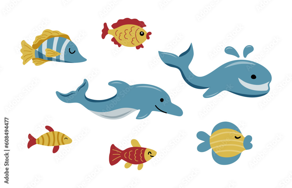 Nautical vector illustration set with dolphin, whale and fishes. Nautical vector illustration set with dolphin, whale and fishes.