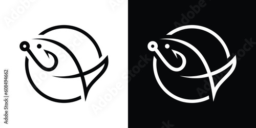 logo design minimalist hook and fish icon circle vector illustration