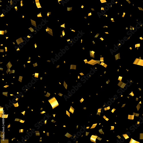 Falling golden cut out foil ribbon exploding confetti.