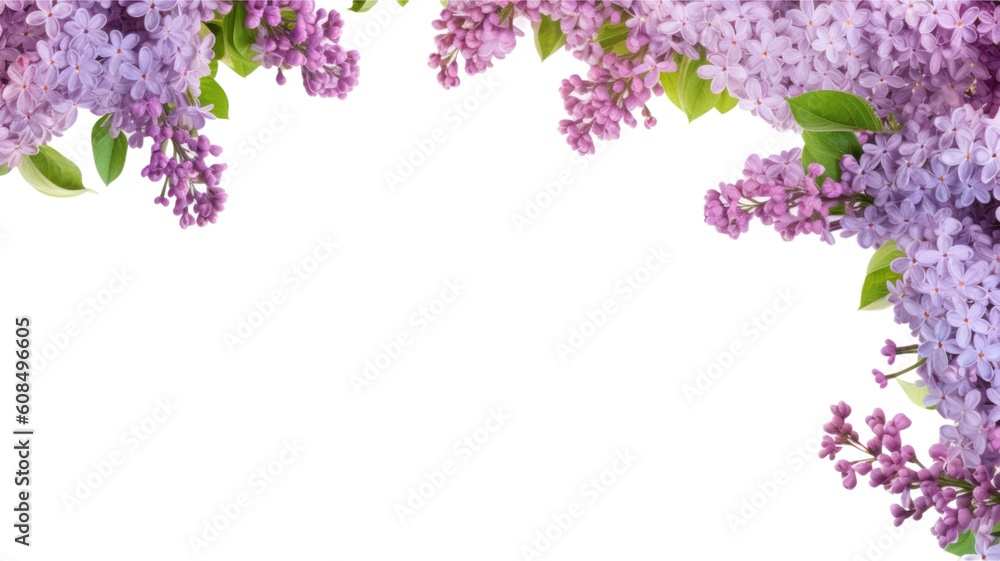 delicate lilac flowers as a frame border, isolated with negative space for layouts