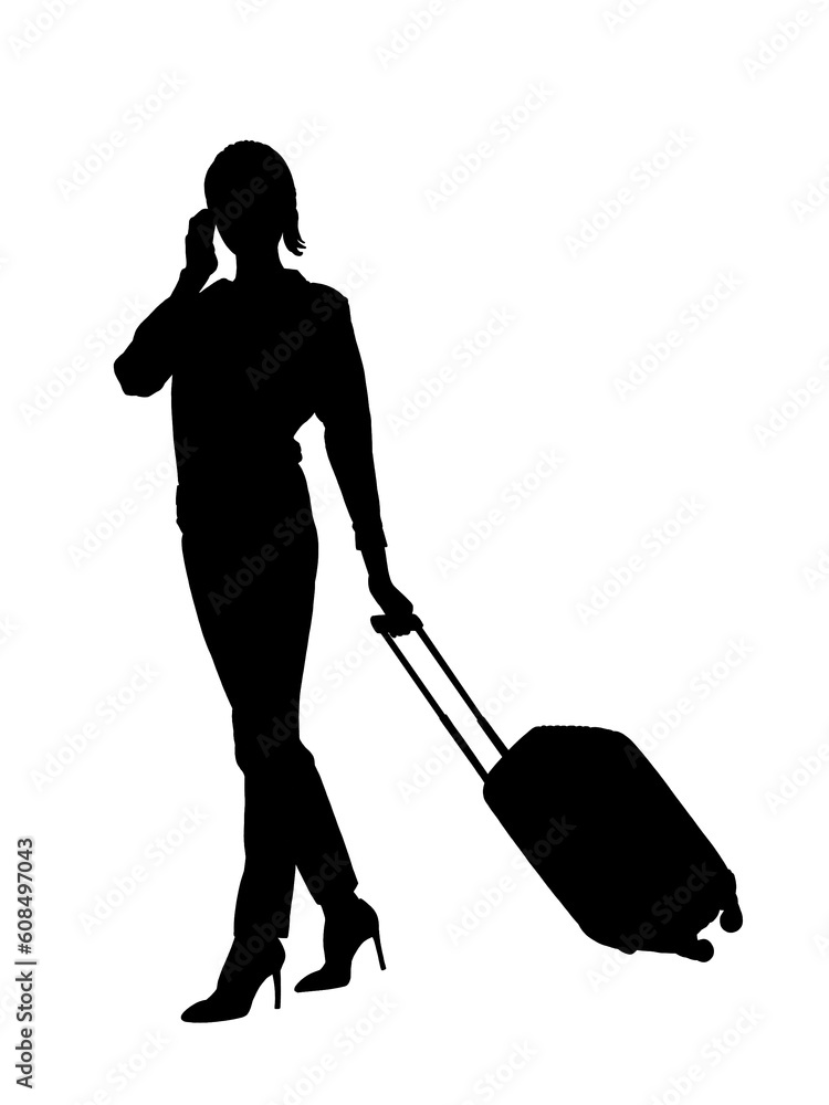 スーツケースを持って歩く女性のシルエット スーツケースを持って歩く女性のシルエット