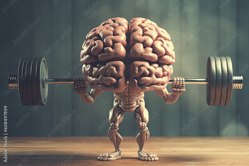 Human brain lifting weights. 3D brain lifting a heavy dumbbell. Mind