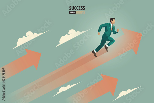 Business arrows concept with businessman with suit running to success. acceleration for gain a profit sales. background vector illustration
