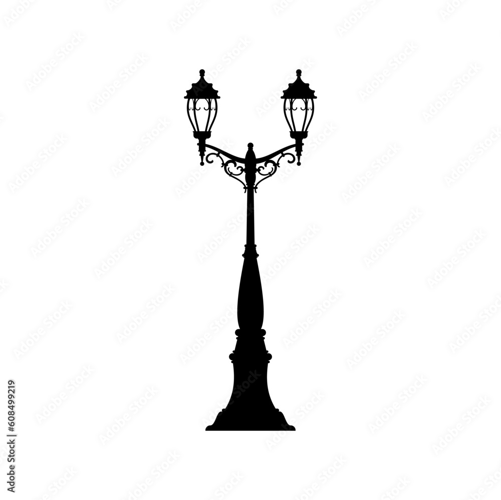 Antique forged lamppost isolated streetlamp lampost. Vector vintage vertical steel lamp on pole post column, urban city park illumination object