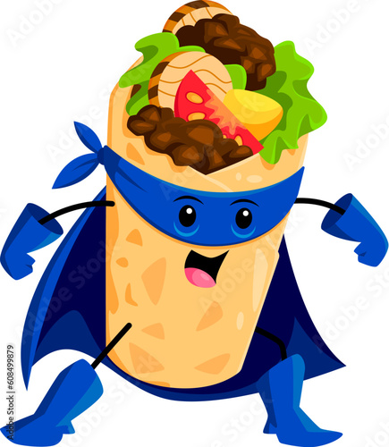 Cartoon fast food shawarma superhero character. Street fast food restaurant meal hero cheerful personage, shawarma defender or superhero comical isolated vector character or cute mascot