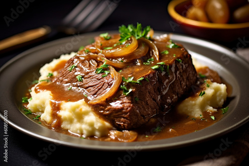 A close-up view of sauerbraten-tender pot roast is served on a plate. (Generative AI)