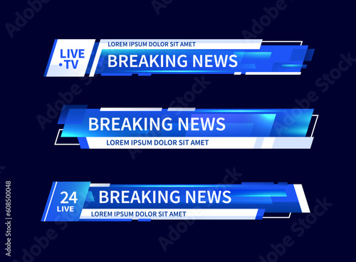 Lower third header, tv headline, news bar. Vector video title or television information lines. Modern colorful blue and white neon graphic overlay isolated template. Broadcast strips, layout with text