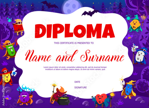 Kids diploma, cartoon vitamin wizards and sorcerers in Halloween forest. Education school or playschool certificate. Vector award frame template with B2, B12, B5, or U, D and P, K micronutrients