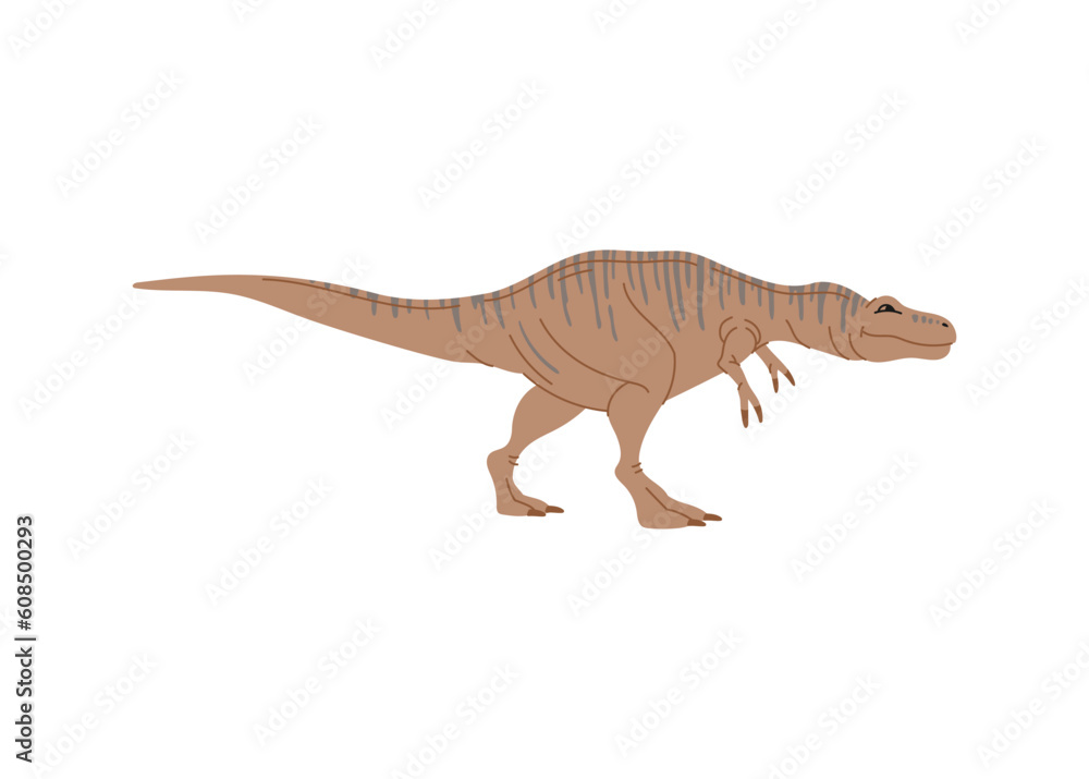 T-rex childish dino, dinosaur animal with stripes on back, funny cartoon character. Vector Apatosaurus big thunder lizard, childish tyrannosaurus