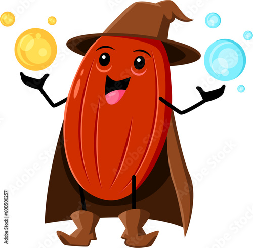 Cartoon peanut wizard or sorcerer character. Isolated vector nut with happy smiling expression on face. Halloween whimsical funny kernel warlock personage casting spell with energy power balls