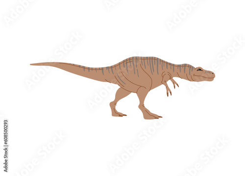 T-rex childish dino  dinosaur animal with stripes on back  funny cartoon character. Vector Apatosaurus big thunder lizard  childish tyrannosaurus