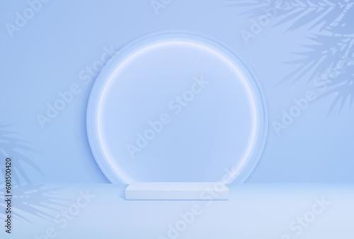 Blue round podium with palm leaves. Exhibition gallery mockup pedestal, cosmetics product presentation empty display podium or studio showroom stand realistic vector background with leaves shadows