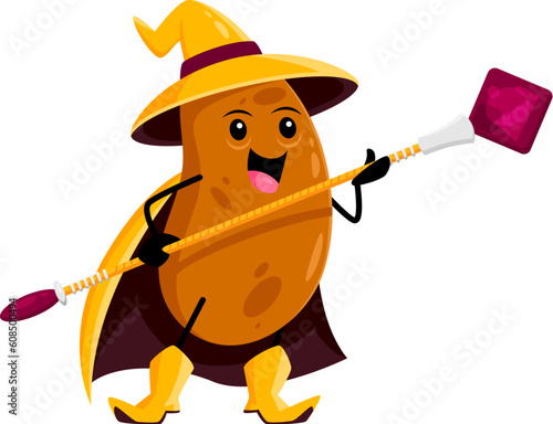 Cartoon halloween potato mage vegetable character. Vegetable wizard funny character, potato magician or warlock isolated vector cheerful personage or cute mascot with scepter, wearing cape and hat