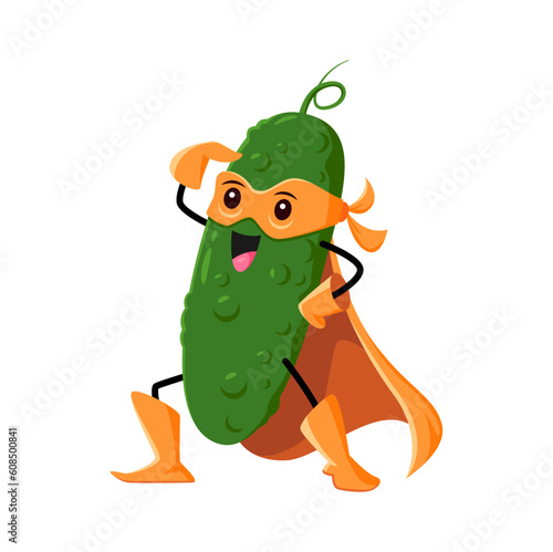 Cartoon cucumber super hero vegetable character. Isolated vector funny green veggies looking far ready for feat. Cheerful fairytale healthy food, vitamin superhero kids menu personage in cape and mask