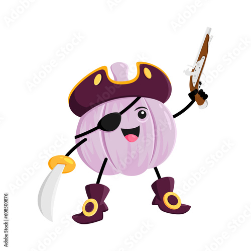 Cartoon garlic pirate and corsair vegetable character with musket and saber. Isolated vector funny veggies personage in filibuster costume with gun. Buccaneer or picaroon garden plant, healthy food