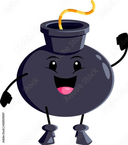 Cartoon bomb character, isolated vector explosive cheering personage with a big smile, fuse or wick and dynamic energy, radiating excitement and enthusiasm, waving hand with excited emotions and fun