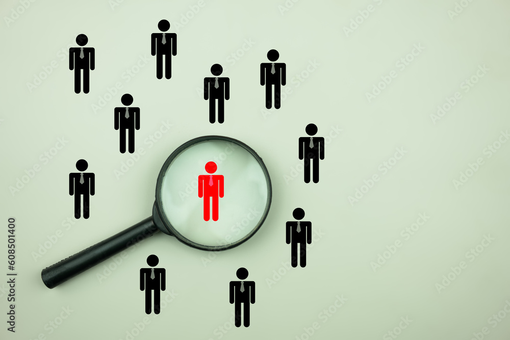 Choosing a good leader. Search with a magnifying glass. Leadership development, recruitment and prospecting concept, HRM or Human Resource Management. Selection boss Choosing a good leader. Search with a magnifying glass. Leadership development, recruitment and prospecting concept, HRM or Human Resource Management. Selection boss