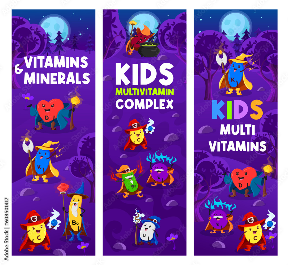 Cartoon vitamin and micronutrient wizards, mages and sorcerers. Vector kids Halloween banners with B5, P and B3, B9, B2, U, K and E, B5, D, C, B1 and B6 capsules personages cast spells in night forest - obrazy, fototapety, plakaty 