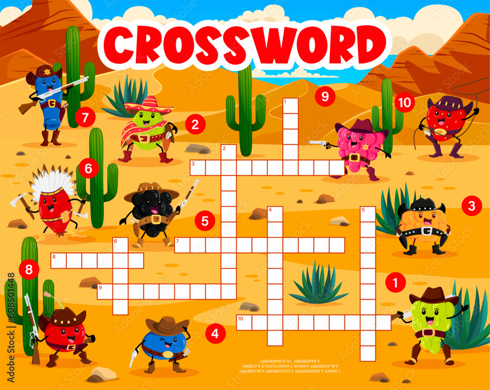 Crossword quiz game grid Western cartoon berry cowboy sheriff ranger Crossword quiz game grid Western cartoon berry cowboy sheriff ranger