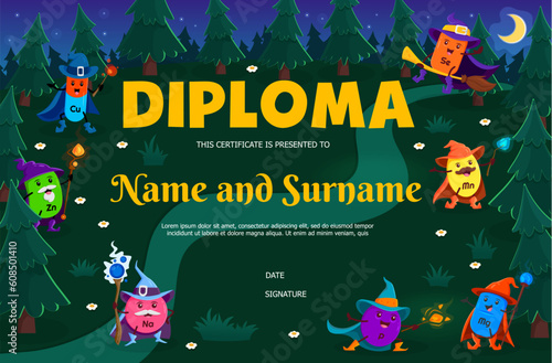 Kids diploma cartoon mineral and micronutrient wizards. Vector award frame template. Educational school or kindergarten certificate with Cu, Zn, Na, Se, Mg, Mn and P capsules in Halloween forest