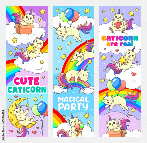 Cartoon cute caticorn cats and kitty characters on rainbow. Kids party vector vertical banners with fairytale cheerful kitten with unicorn horns, cute caticorn personages playing on rainbow and clouds
