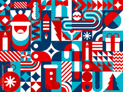 Abstract Christmas geometric bauhaus pattern. Vector seamless background of geometry ornament with Xmas holiday mosaic. Christmas tree, gift, Santa and snowman, snowflake and stocking bauhaus pattern