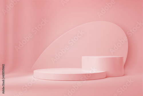 Pink or coral podium realistic 3d platform or pedestal for products presentation in studio. Vector background with round stand for displaying decorative cosmetics. Stepped showcase near the wall