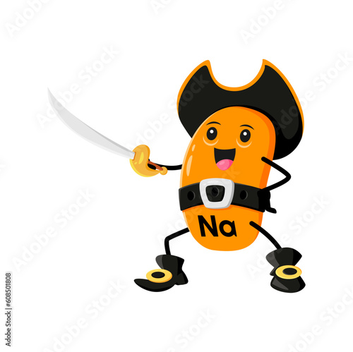 Cartoon vitamin and Na micronutrient pirate or corsair character. Food supplement tablet corsair mascot, micronutrient dragee or vitamin pill pirate cheerful vector personage fencing with cutlass