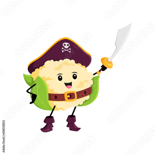 Cartoon cauliflower vegetable pirate and corsair character. Vector happy buccaneer veggies with saber. Isolated smiling freebooter or picaroon personage wear cocked hat ready for fight with sabre