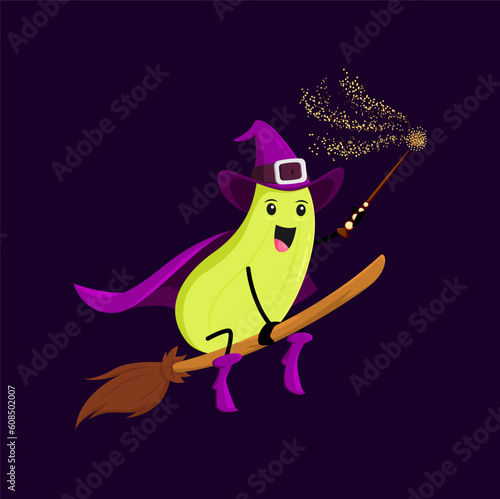 Cartoon Halloween zucchini or squash vegetable wizard, witch and mage character flying to coven on broom. Happy vector veggies necromancer personage, funny magician in cape and hat with magic wand