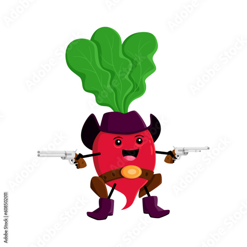 Cartoon radish vegetable cowboy, ranger, sheriff, robber or bandit character. Vector wild west hero wear hat holding guns in hands. Funny healthy food western personage, happy vitamin veggies horseman